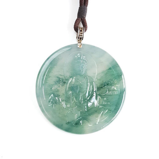 【天然正品】A货翡翠AU750收藏级白金镶天然细腻冰种蓝紫底飘蓝花观音坐莲（平安安乐）无事牌翡翠吊坠项链63.0*53.8*5.6MM（皆取最大值）中性款现售价：21800！120825XY13 商品图0