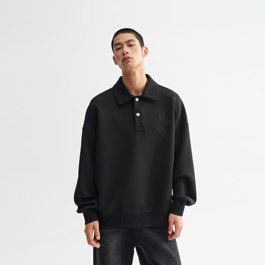 CHINISM赤尘 花灰色空气层POLO领卫衣男秋季新款美式宽松重磅上衣 商品图1