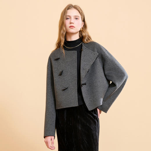 【100绵羊毛】三彩2025冬季新款双面呢大衣短款牛角扣盘扣M 商品图3