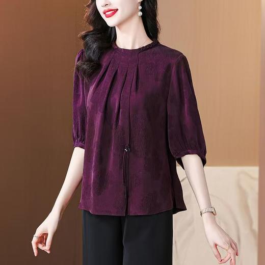 紫色冠乐绉仿香云纱真丝上衣女2025夏季中年妈妈宽松阔腿裤衬衣 商品图1
