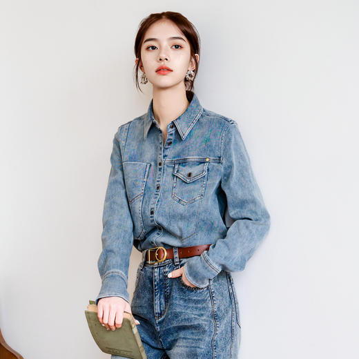 谜底牛仔衬衫长袖女2025秋季新款复古修身水洗牛仔衬衣257MC7738 商品图0
