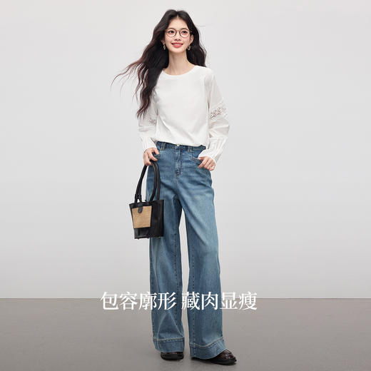 【08/12新品】熙世界2025年秋季新款蕾丝花边镂空长袖T恤女超好看白色圆领上衣 商品图2
