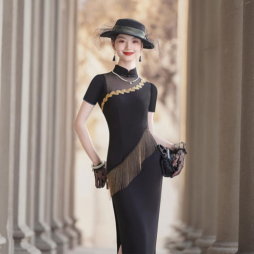 走秀旗袍2025新款弹力免烫高端舞台表演出服团队年轻黑色修身显瘦 商品图0