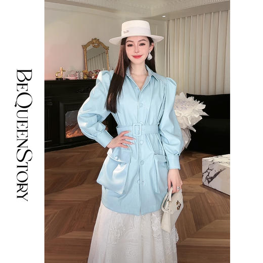 余潇潇【机车玫瑰】2025春装新款时尚PU蛋白皮中长泡泡袖皮衣外套 商品图2