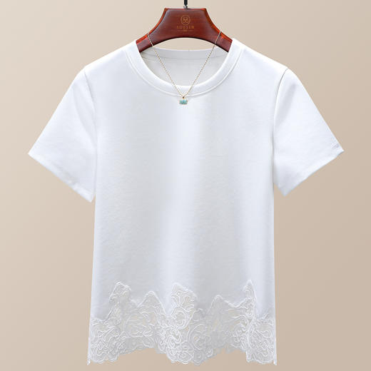 「自j」全新升级【铂金会员109/天猫149/差价40】(05924)洛诗琳新款气质蕾丝拼接T恤2025夏季百搭证件显瘦圆领上衣女 商品图2