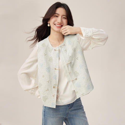 【08/12新品】熙世界醋纤混纺圆领长袖衬衫女2025秋季新款优雅气质套头宽松上衣 商品图1