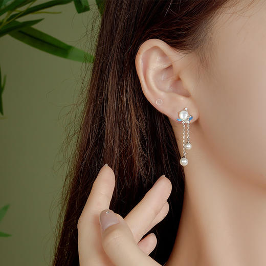 纯银创意新中式设计珍珠流苏耳环浪花耳饰E000849B 商品图0