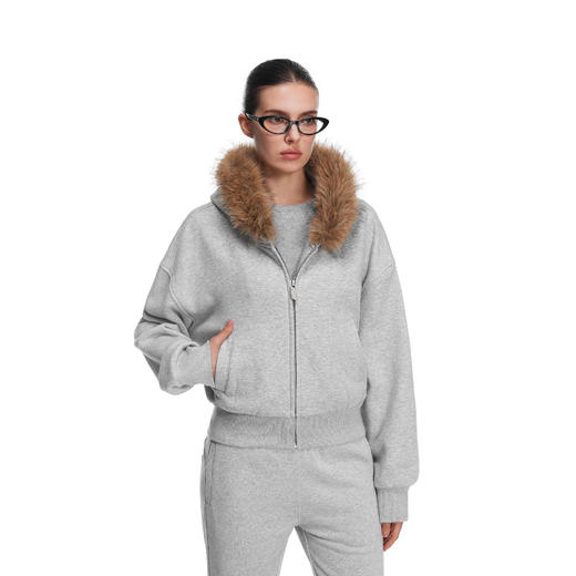 【限时7折】FDR旗舰店 5A抗菌保暖毛领开衫连帽卫衣外套女秋冬季修身运动上衣 商品图0