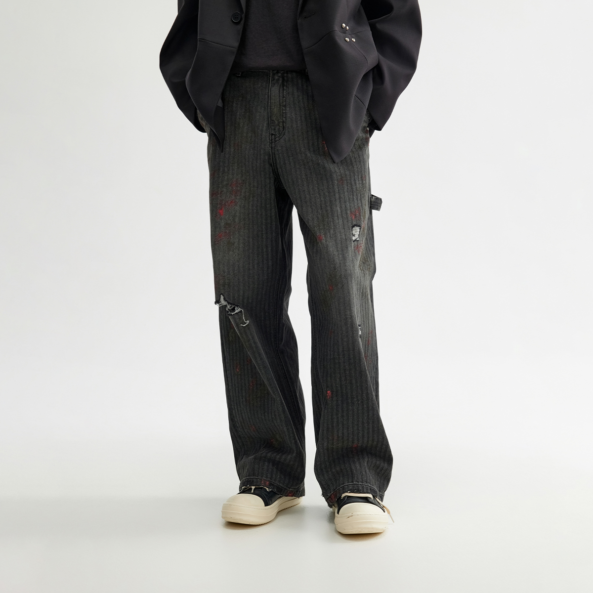 CHINISM赤尘 肌理破洞牛仔裤男秋季新款宽松水洗纯棉直筒休闲裤子