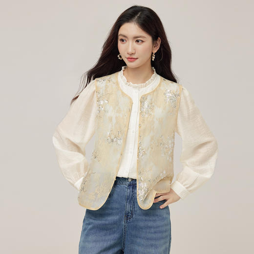 【08/12新品】熙世界新中式提花珠片绣马甲女2025初秋新款气质国风无袖背心外套 商品图4
