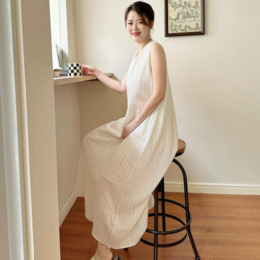 壁虎瑜伽【2508QZ397】复古条纹棉麻连衣裙【5天发货】 商品图4