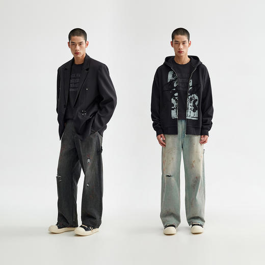 CHINISM赤尘 肌理破洞牛仔裤男秋季新款宽松水洗纯棉直筒休闲裤子 商品图3