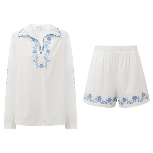 SELFWHO天丝亚麻混纺绿绒蒿镂空绣花衬衫2025秋季新款宽松V领上衣 商品图4