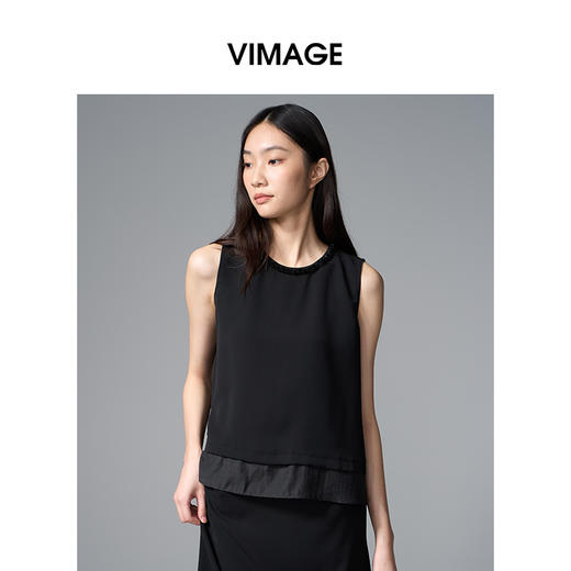 VIMAGE纬漫纪简约轻薄珠领口片外穿背心宽松无袖上衣2025季夏新款V2313956 商品图3