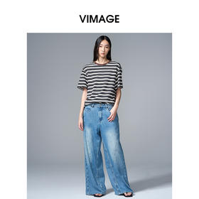 VIMAGE纬漫纪纯棉圆领复古百搭宽松撞色条纹t恤上衣2025夏季新款V2302922