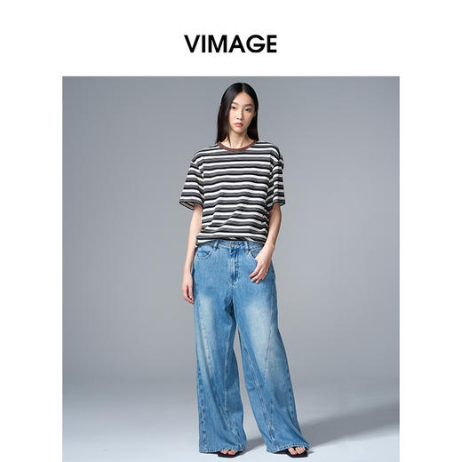 VIMAGE纬漫纪纯棉圆领复古百搭宽松撞色条纹t恤上衣2025夏季新款V2302922 商品图0