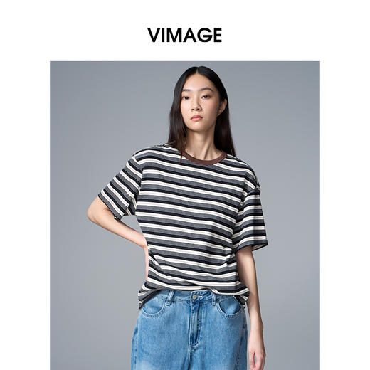 VIMAGE纬漫纪纯棉圆领复古百搭宽松撞色条纹t恤上衣2025夏季新款V2302922 商品图2