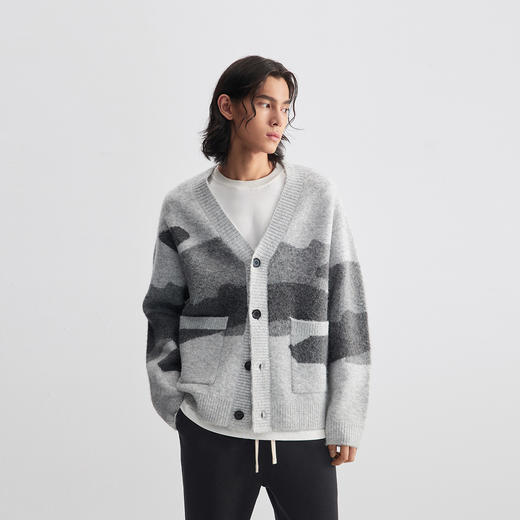 CHINISM赤尘 水墨云烟绵羊毛纱线开衫毛衣男秋冬针织衫上衣外套 商品图2