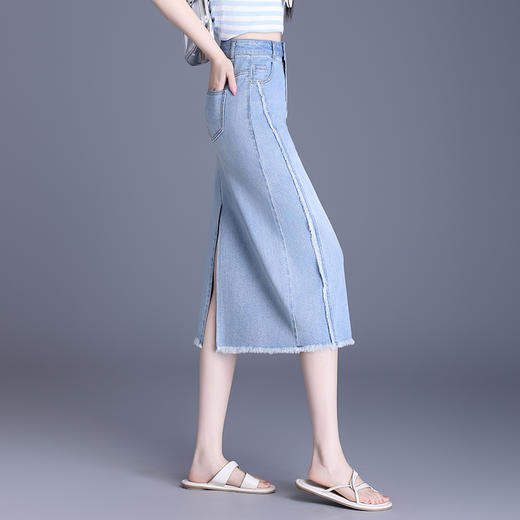 【预售3天】PY-2025新款女韩版高腰中长款包臀裙简约牛仔直筒开叉半身裙SES&BF9817 商品图1