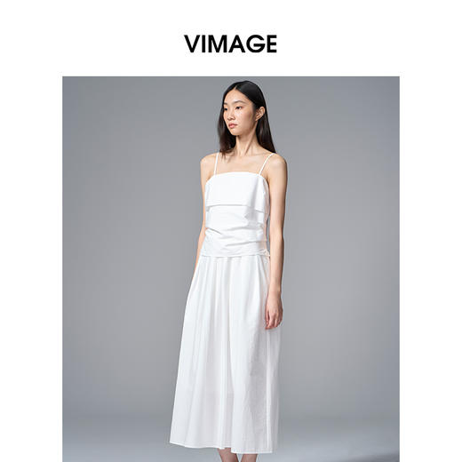VIMAGE纬漫纪棉混纺纯色度假风褶皱大裙摆吊带连衣裙2025夏季新款连衣裙V2307928 商品图1
