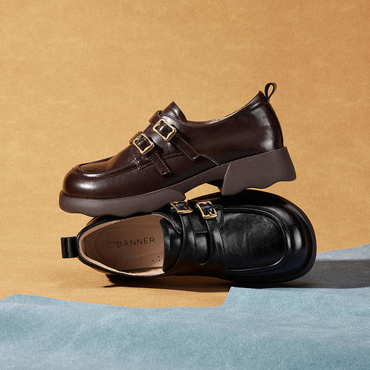 千百度26年新款厚底手抓皮乐福鞋女新款增高英伦风小皮鞋深口单鞋A26152808 商品图2