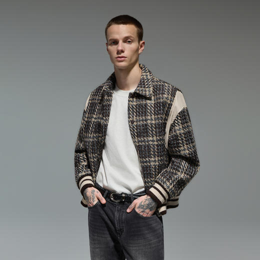CHINISM赤尘 复古格纹小香风外套男春秋拼接肌理感男士翻领夹克 商品图1