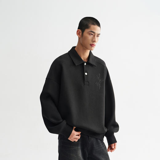 CHINISM赤尘 花灰色空气层POLO领卫衣男秋季新款美式宽松重磅上衣 商品图0