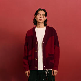 CHINISM赤尘 CH红色V领开衫毛衣男冬季慵懒休闲针织衫男士外套