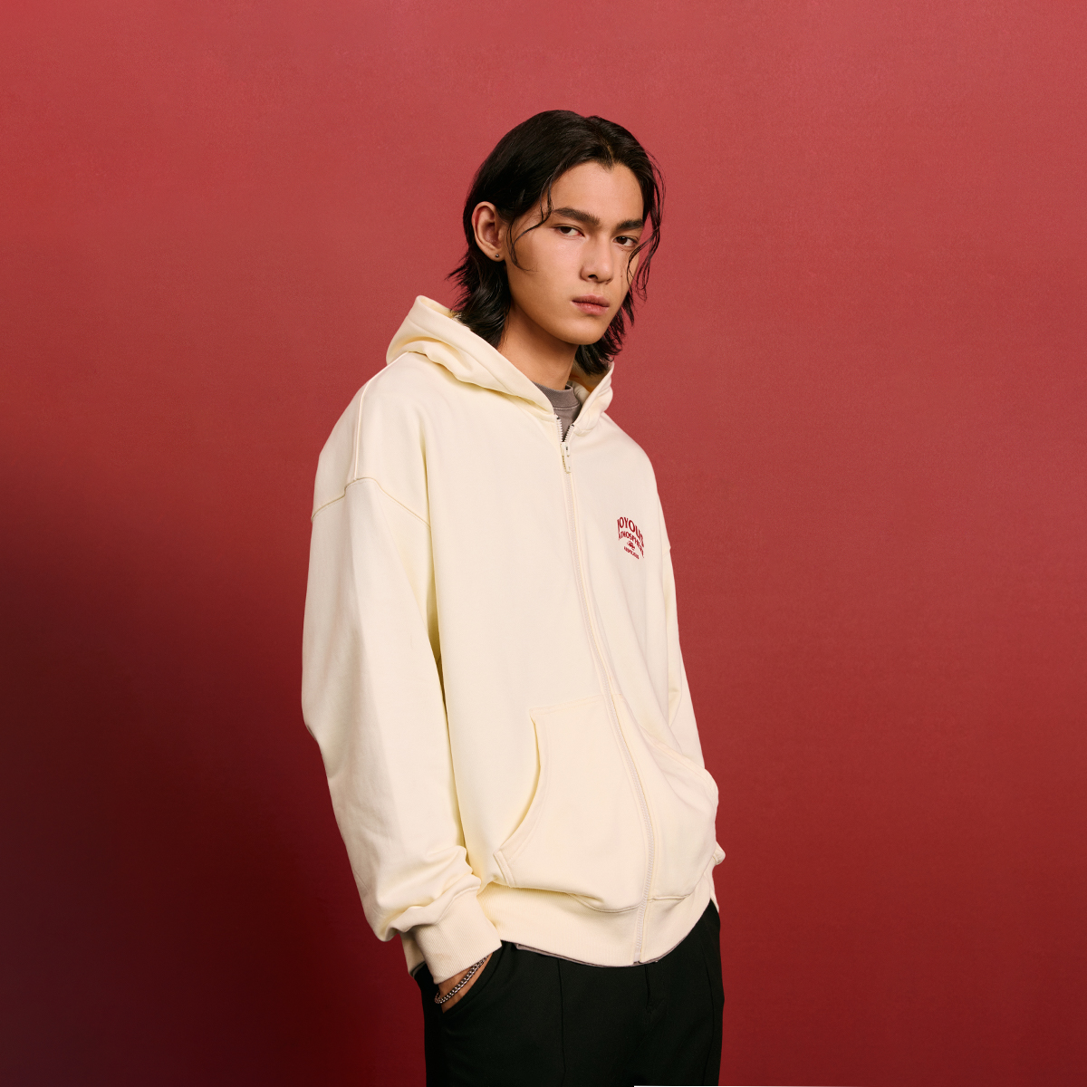 CHINISM折扣季 红色连帽开衫卫衣男秋季宽松发泡印花重磅拉链外套