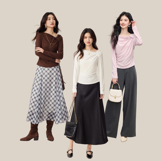 【周四狂欢价】熙世界独特别致斜肩天丝T恤女长袖2025早秋新款气质修身收腰上衣 商品图3