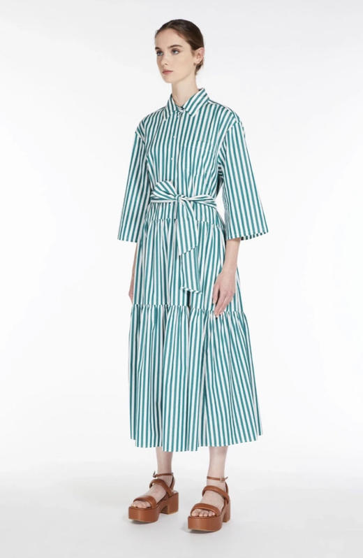 新款M*X府绸棉条纹荷叶大摆收腰系带衬衫裙 商品图1