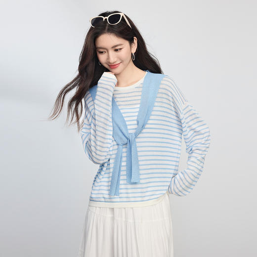 【08/12新品】熙世界披肩条纹针织衫两件套女夏秋新款宽松慵懒风长袖罩衫上衣 商品图4