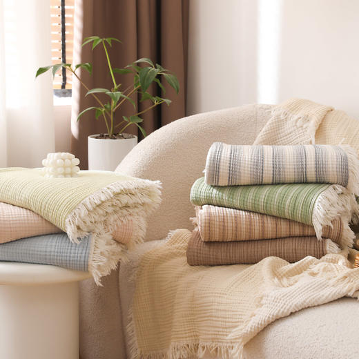 自然醒全棉100%棉四层纱流苏边毛毯子办公室午睡毯子沙发盖毯新款加厚流苏披肩毯JY 商品图1