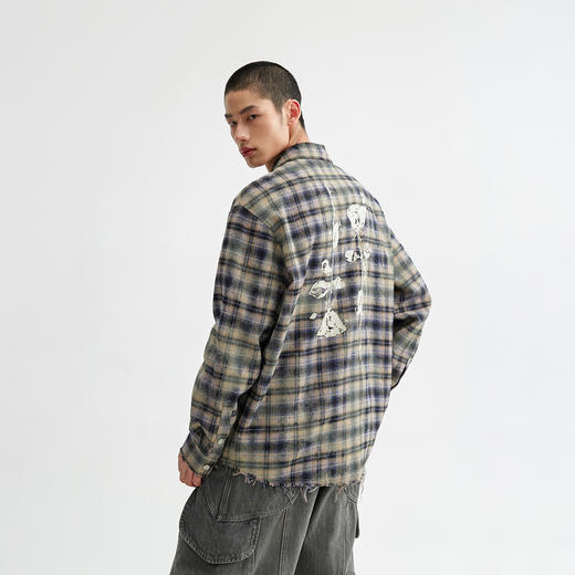 CHINISM赤尘 毛边长袖格子衬衫男秋季美式宽松休闲翻领外套上衣 商品图0