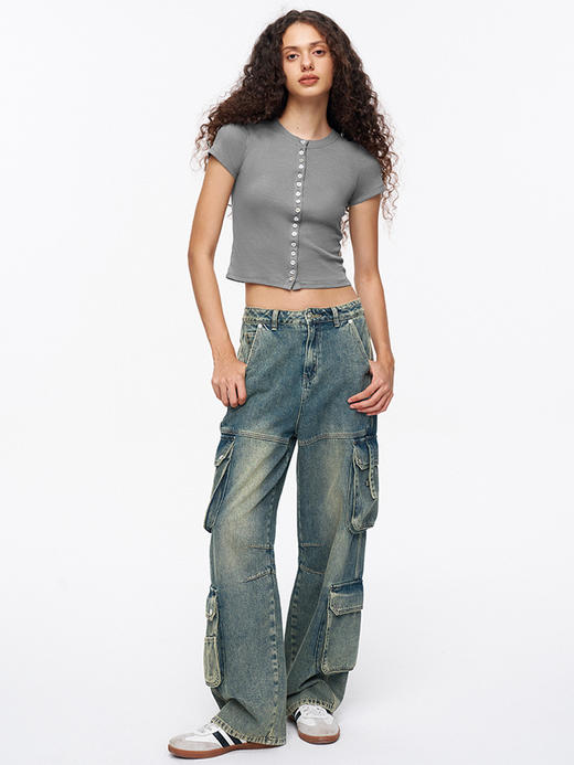 TR她热 贝壳胶片 灰色棉感弹力修身短款贝壳扣百搭基础T恤 商品图4