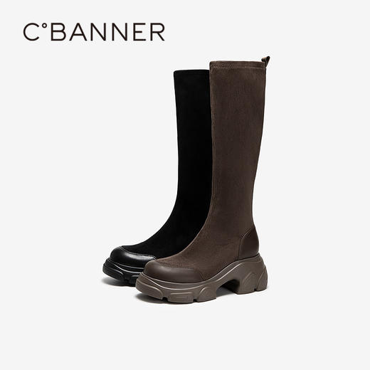 千百度厚底增高弹力靴女美拉德瘦瘦靴骑士靴长靴子A25586186 商品图0