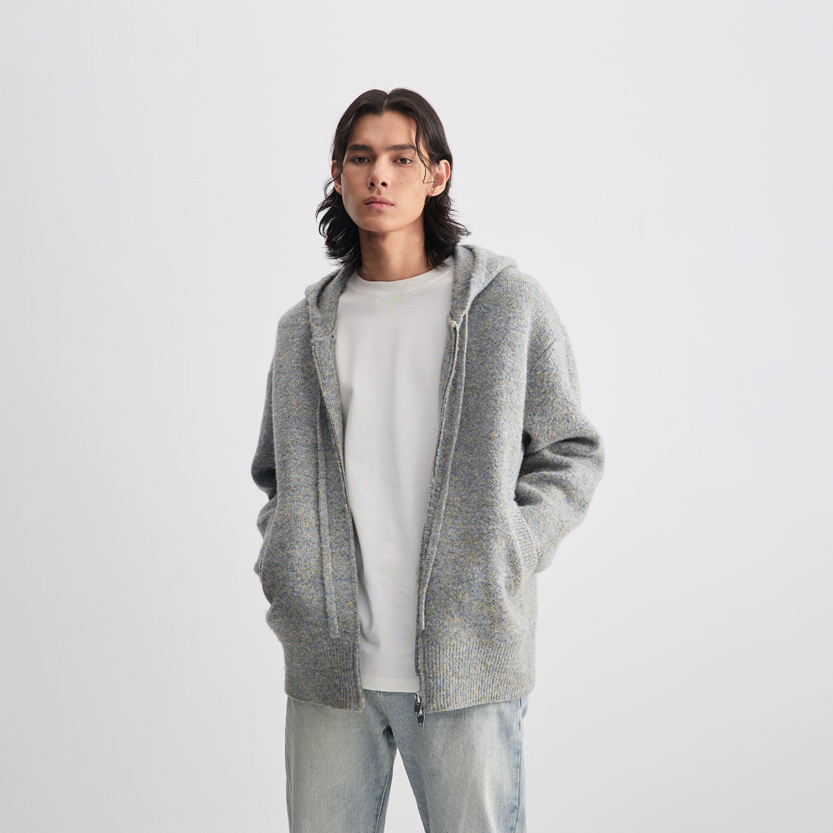 CHINISM赤尘 花纱粗纺纱线连帽开衫男春季宽松拉链毛衣男士外套