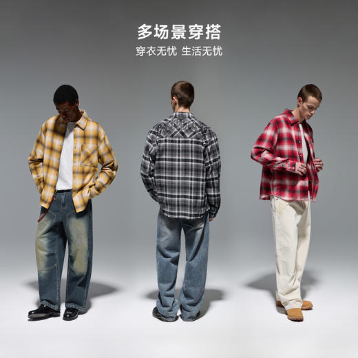 CHINISM赤尘 黄色格子长袖衬衫男秋季翻领纯棉情侣衬衣薄款外套 商品图4