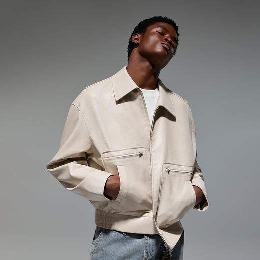 CHINISM赤尘 暗纹翻领PU皮夹克男秋季新款美式潮牌机车风皮衣外套 商品图2