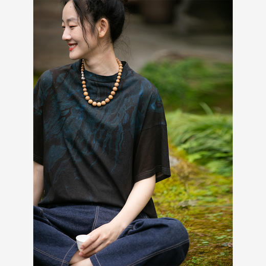 牧衣游原创 涌云工艺香云纱T恤新款黑色简约百搭短袖上衣 云澜 商品图1