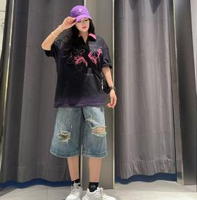 ZCPOLO领撞色大蝴蝶图案短袖T恤（黑）A夏季252011250321