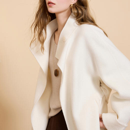 【阿尔巴卡】三彩2025冬季新款立领双面呢绵羊毛大衣中长M 商品图3