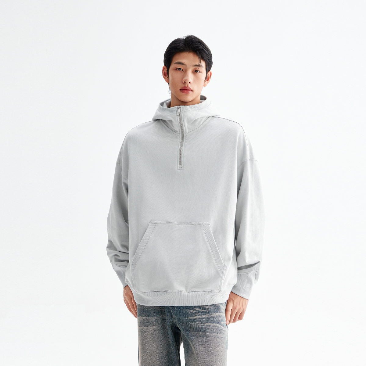 CHINISM赤尘 灰色立领连帽半拉链卫衣男春季美式男士宽松纯色帽衫