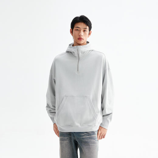 CHINISM赤尘 灰色立领连帽半拉链卫衣男春季美式男士宽松纯色帽衫 商品图0