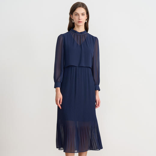 【假两件百褶连衣裙】EITIE爱特爱气质法式优雅蓝色2025秋季新款C2507820 商品图1