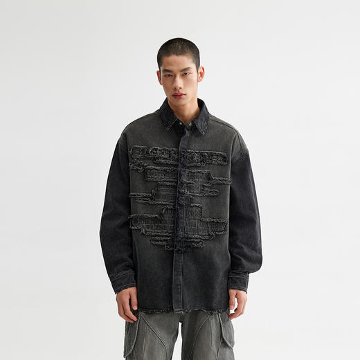 【黑水系列】CHINISM赤尘 贴布刺绣水洗牛仔长袖衬衫男商场同款 商品图0