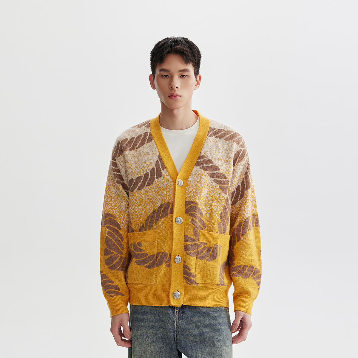 CHINISM折扣季 提花V领开衫毛衣男秋季宽松慵懒男士休闲羊毛衫