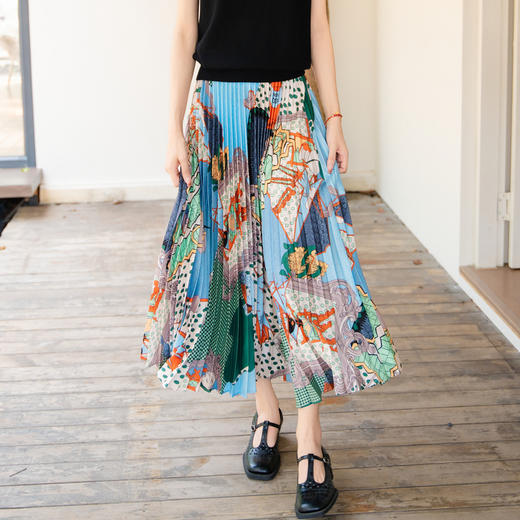 谜底花色百褶裙半裙2025秋季新款复古风原创印花中长裙257MB7810 商品图0