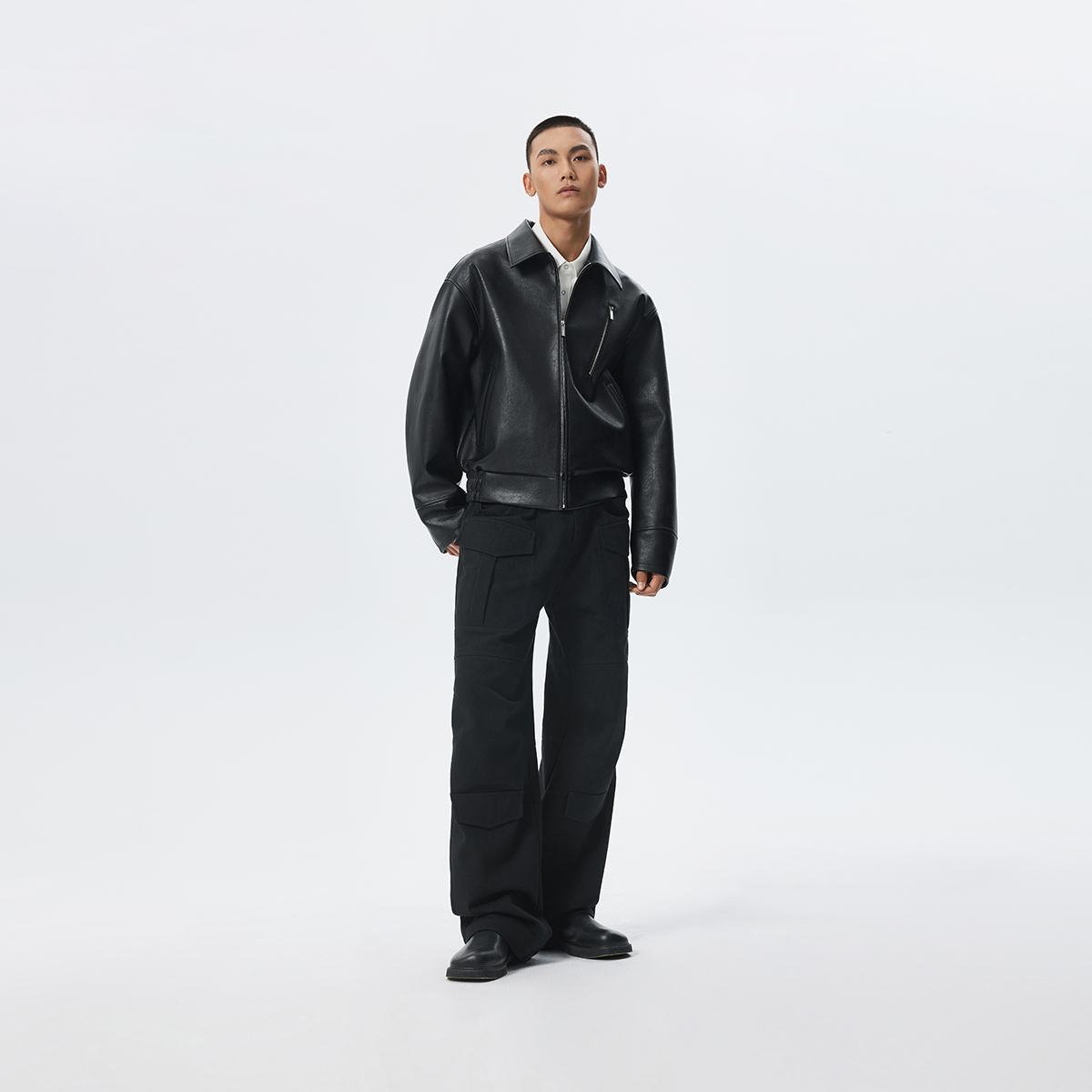 CHINISM赤尘 黑色翻领短款PU皮夹克男秋季新款美式潮流斜拉链外套