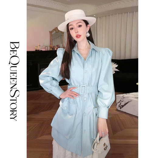 余潇潇【机车玫瑰】2025春装新款时尚PU蛋白皮中长泡泡袖皮衣外套 商品图4